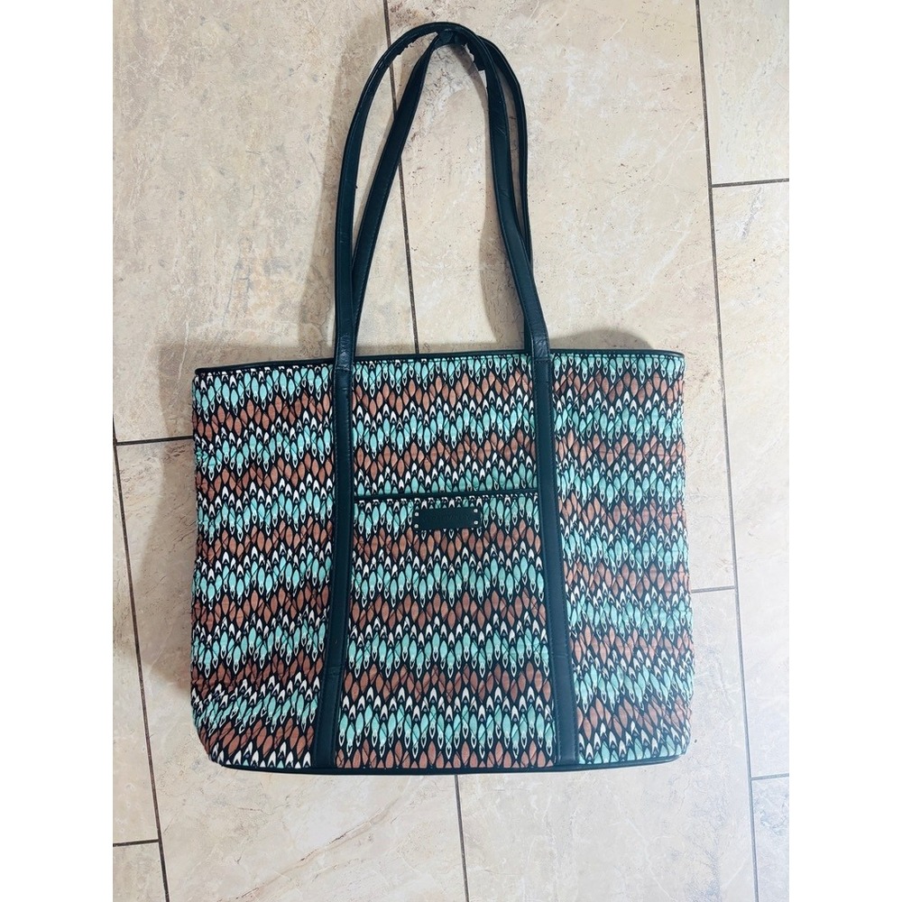 Vera Bradley Quilted Tote Bag Teal Brown Geometric Pattern Zip Top Shoulder Bag